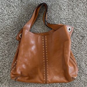 Genuine Leather Stud Accented Tote Bag in Tan